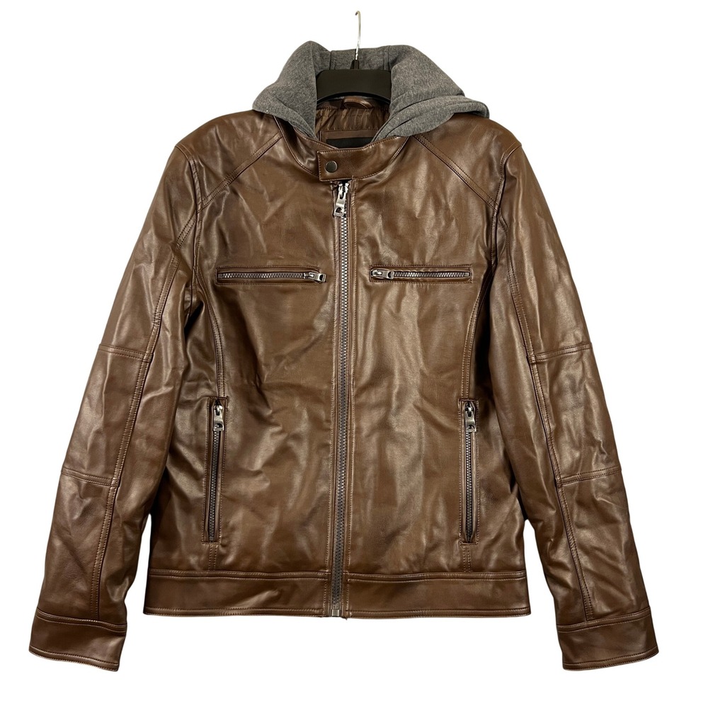 Guess Mens Moto Biker Faux Leather Removeable Hood Jacket Size S Brown‎ Full Zip